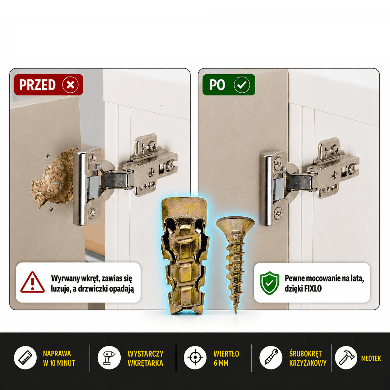 FIXLO – naprawia wyrwane zawiasy meblowe: 10+10 szt. GRATIS